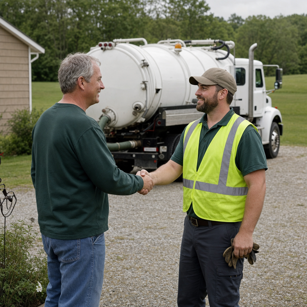 A septic technician shaking a Canton homeowner's hand beside the service truck after a completed pump-out