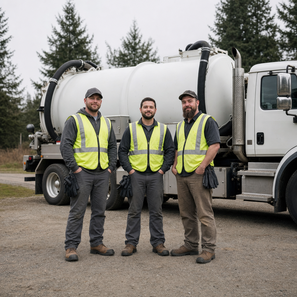 The Canton septic pumping crew standing together beside their clean white vacuum truck on a residential street