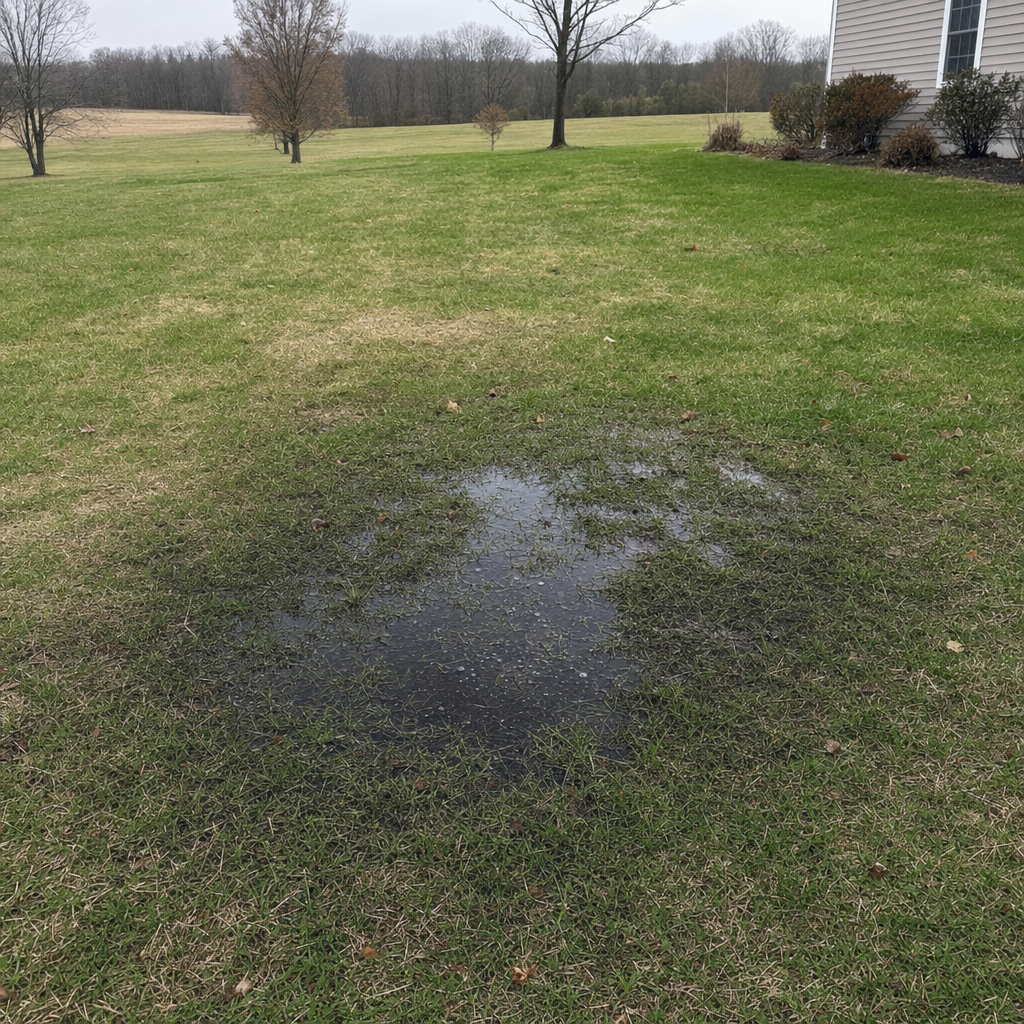 A dark, saturated wet spot in a Canton backyard lawn marking a failing cesspool at capacity