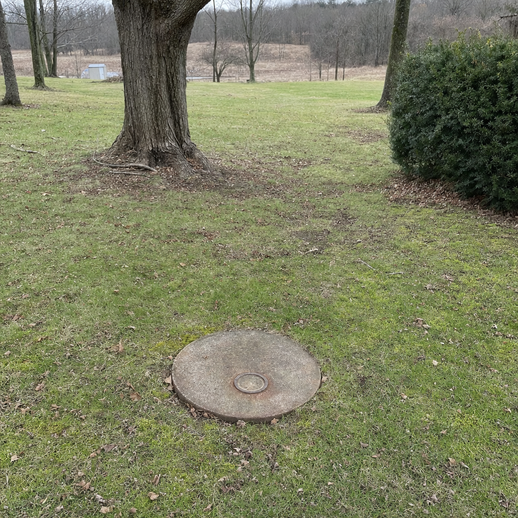 An older round cesspool access lid set flush in an established, mature Canton backyard lawn