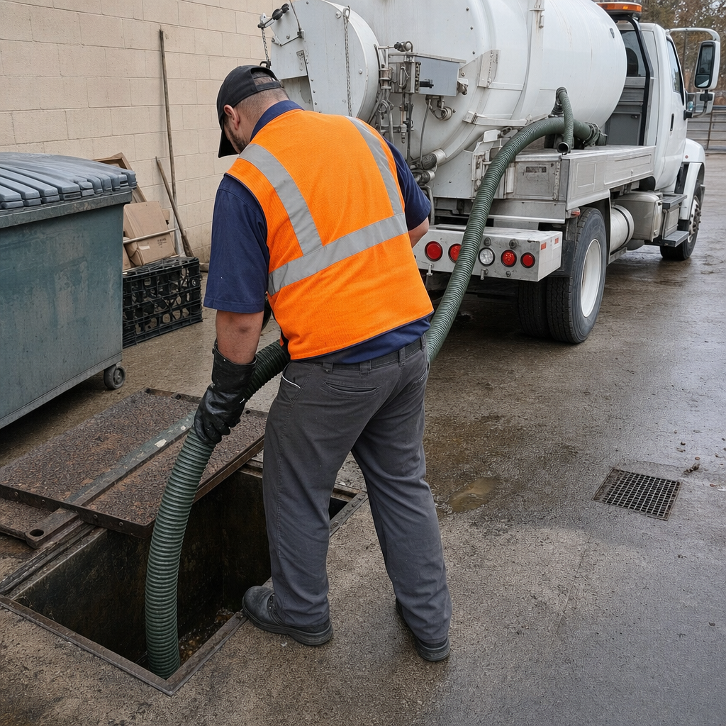 Technician pumping a grease trap behind a Canton restaurant
