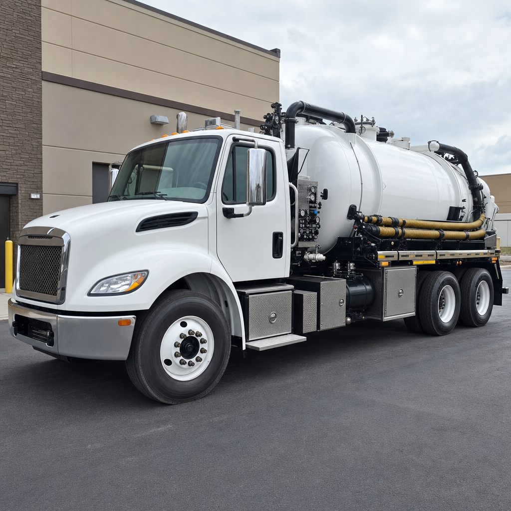 Commercial septic vacuum truck parked in a Canton business parking lot