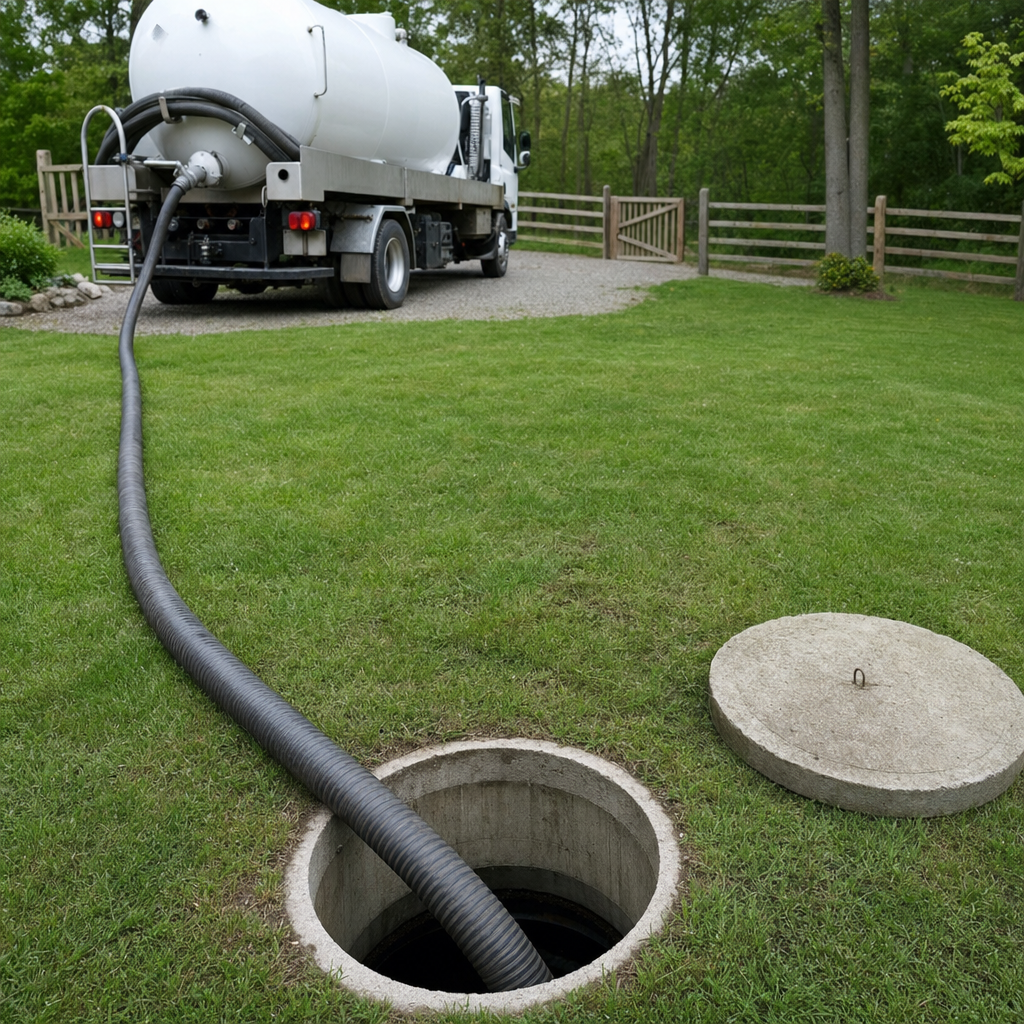 Suction hose connected to an open septic tank, drawing it down in a tidy Canton yard