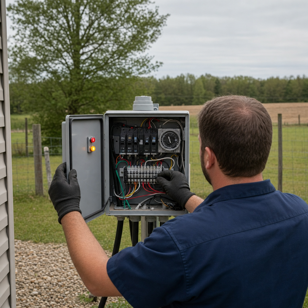 Technician checking an aerobic septic control box with a lit red high-water alarm during a same-day Canton visit