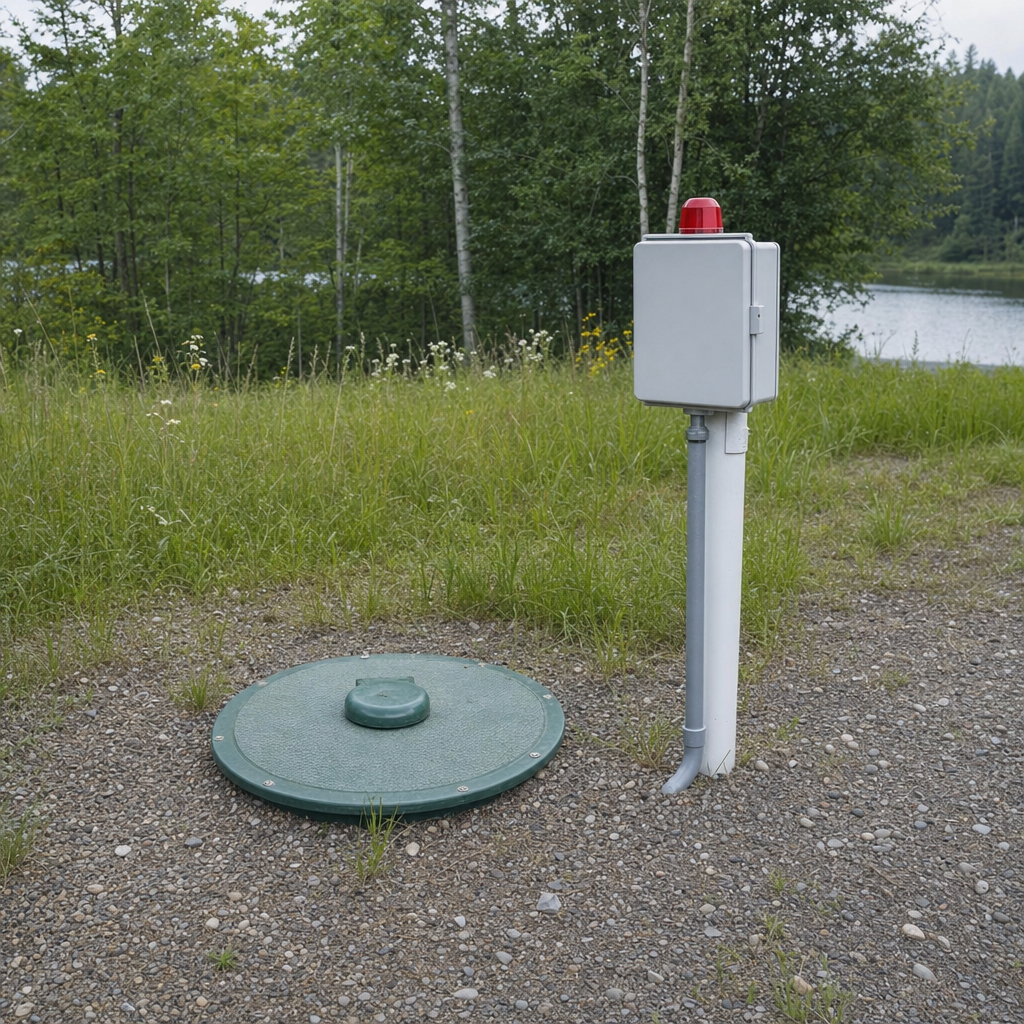 A wastewater holding tank access lid set in the ground at a rural Canton-area cabin, with a mounted high-level float alarm panel nearby