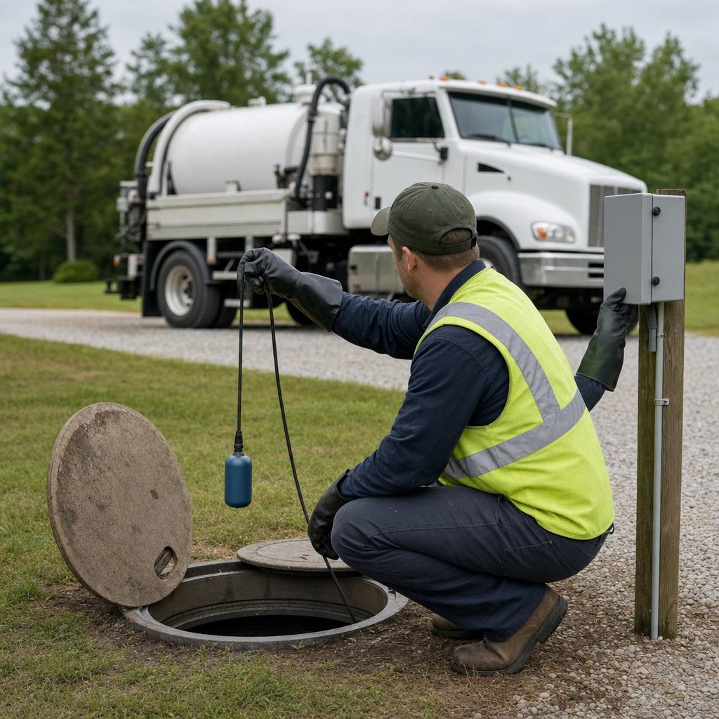 A septic technician in a high-visibility vest checking a high-level float switch and alarm panel on a holding tank at a rural Canton-area site