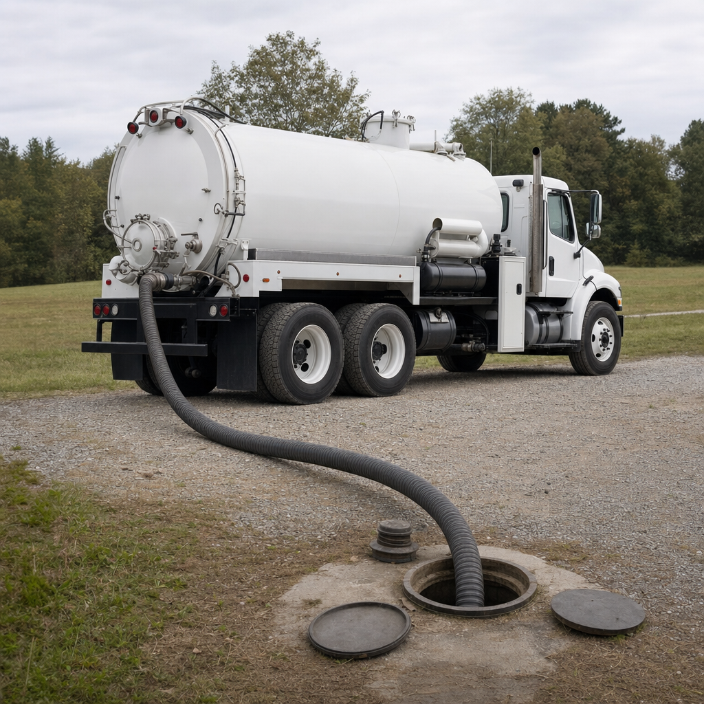 An unmarked white vacuum truck emptying a wastewater holding tank on a scheduled visit at a rural Canton-area property, thick suction hose running to the tank lid