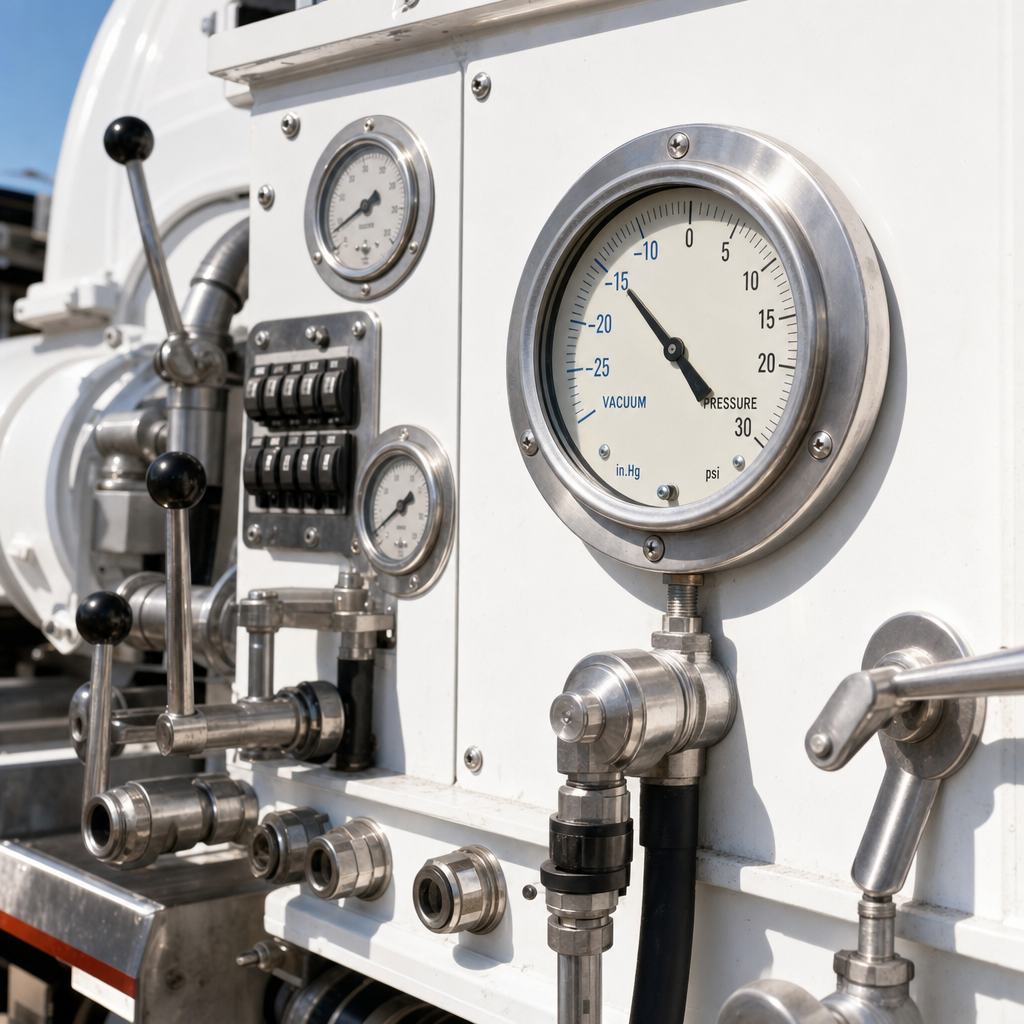 Close view of the vacuum truck's control panel and vacuum gauge during a documented pump-out