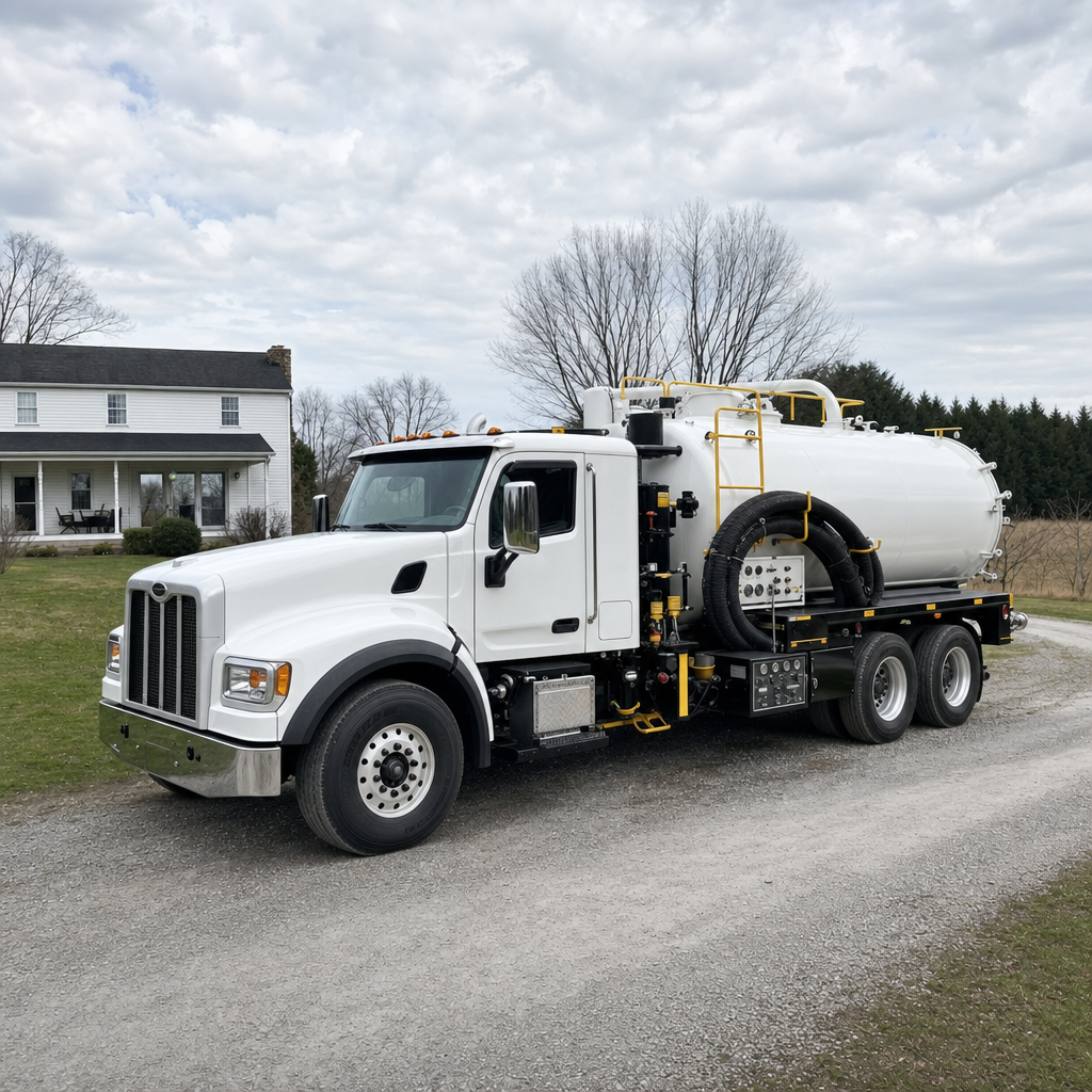 A clean white septic vacuum truck parked on a tidy Canton driveway with the suction hose neatly coiled