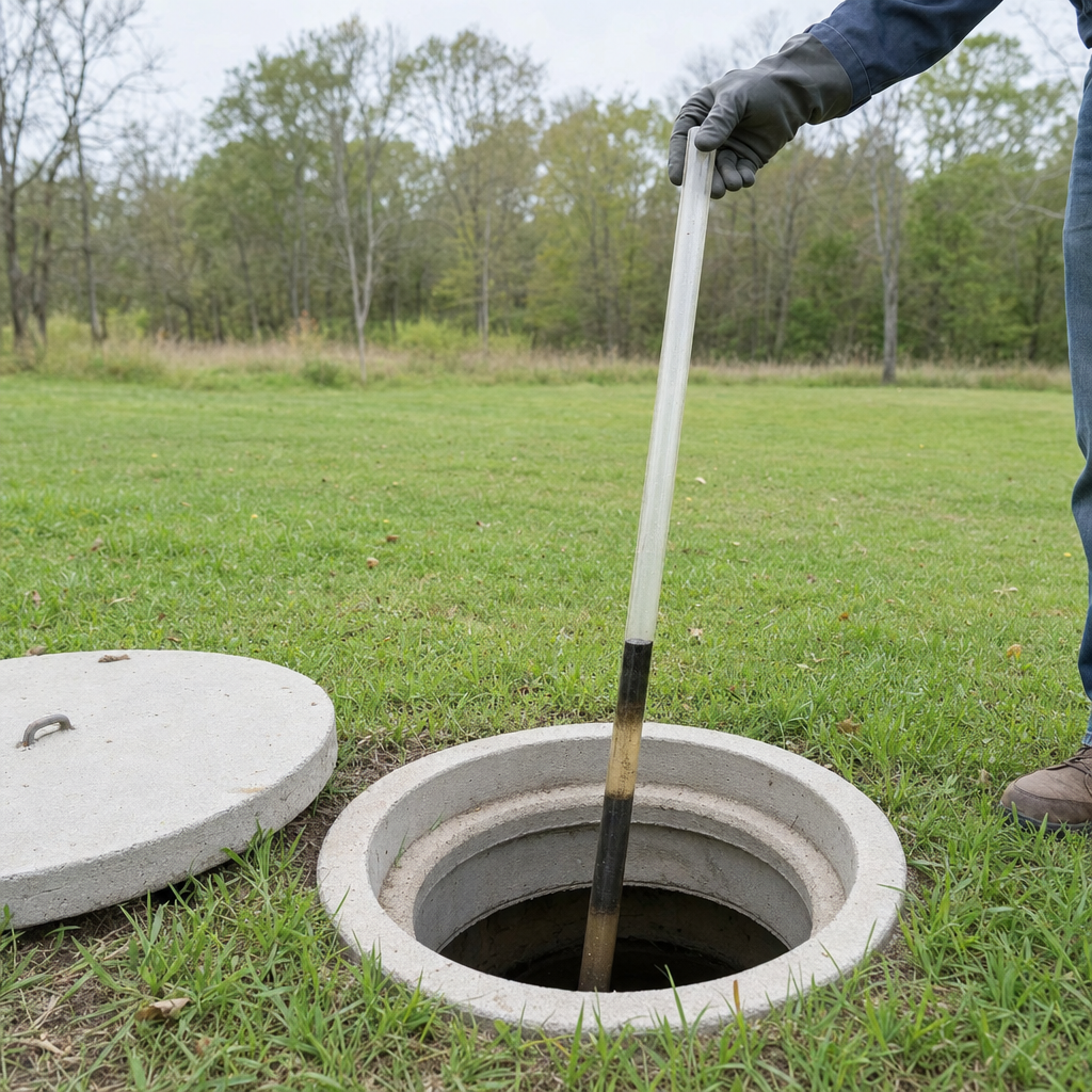 A septic sludge-judge measuring stick lowered into an open Canton septic tank to read the depth of the sludge and scum layers before deciding whether a pump-out is due