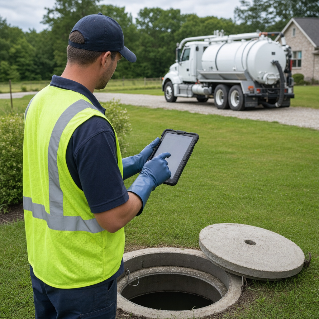 A septic technician recording a Canton home's pump-out date and tank condition on a tablet beside an open access lid, tracking the service history that sets the next due date