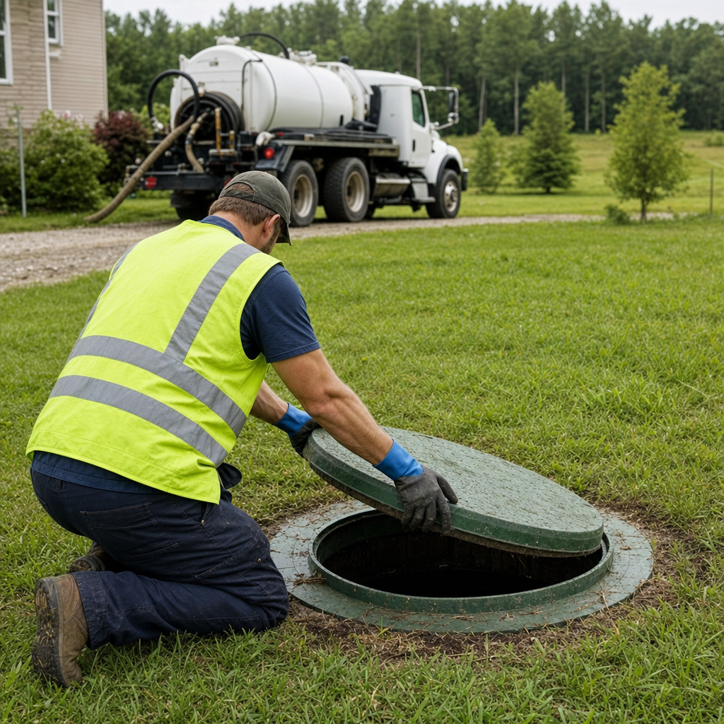 Septic technician kneeling on a Canton lawn, lifting the access lid on a residential septic tank