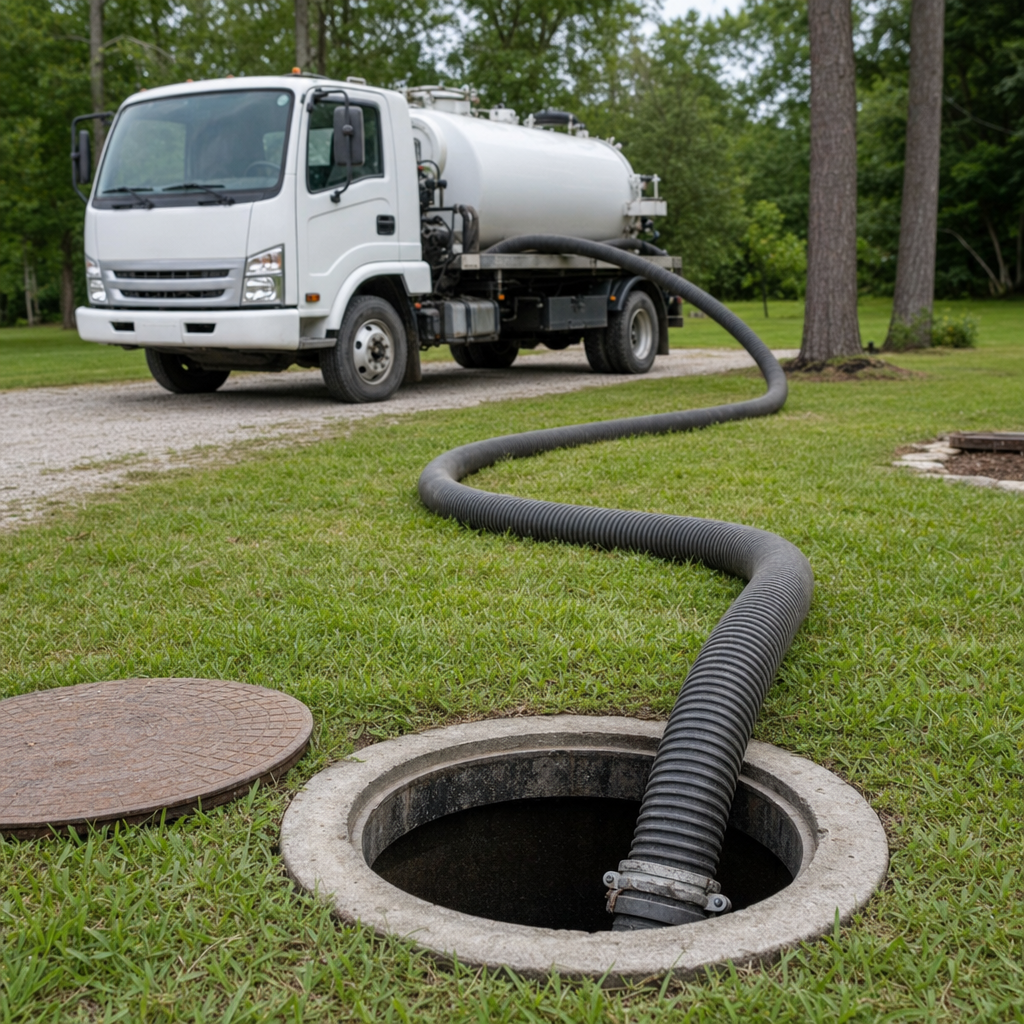 Thick ribbed suction hose lowered into a clean open septic tank port on a tidy Canton backyard lawn
