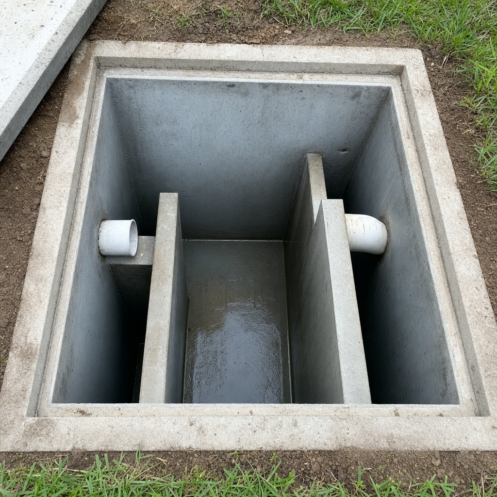 Inspection of the concrete baffles inside an open, emptied and freshly cleaned Canton septic tank