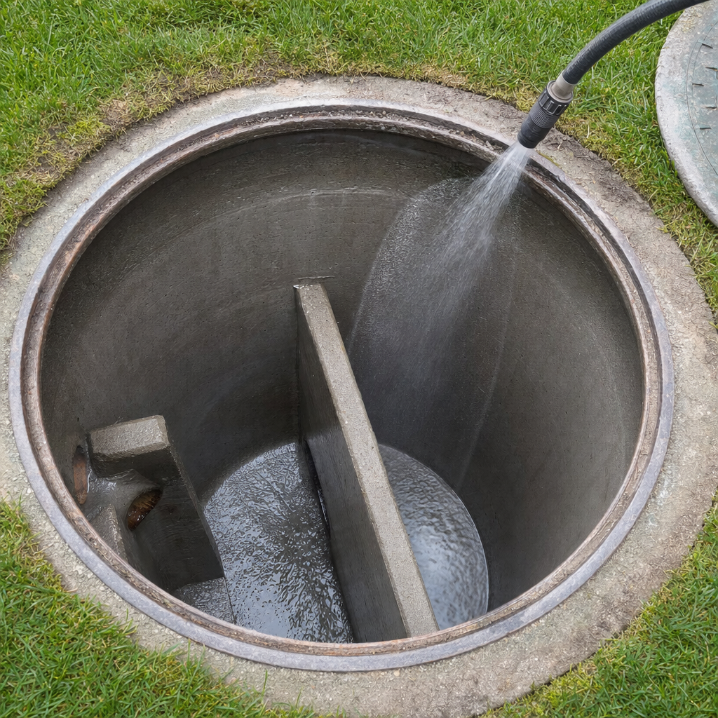Interior concrete walls of an emptied Canton septic tank being rinsed clean with the truck's onboard water hose