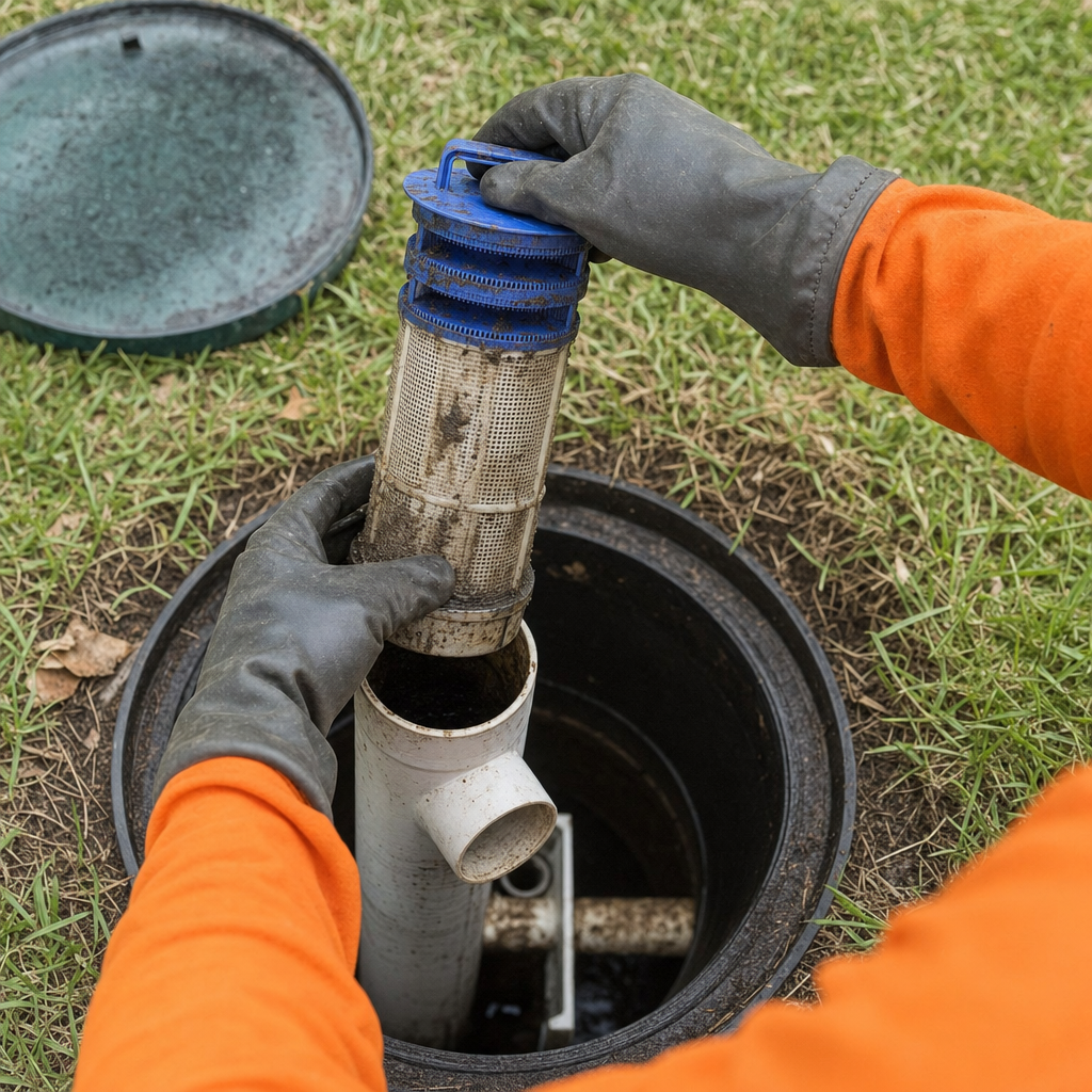 Septic technician's gloved hands lifting the effluent filter cartridge out of the outlet housing on a Canton septic tank