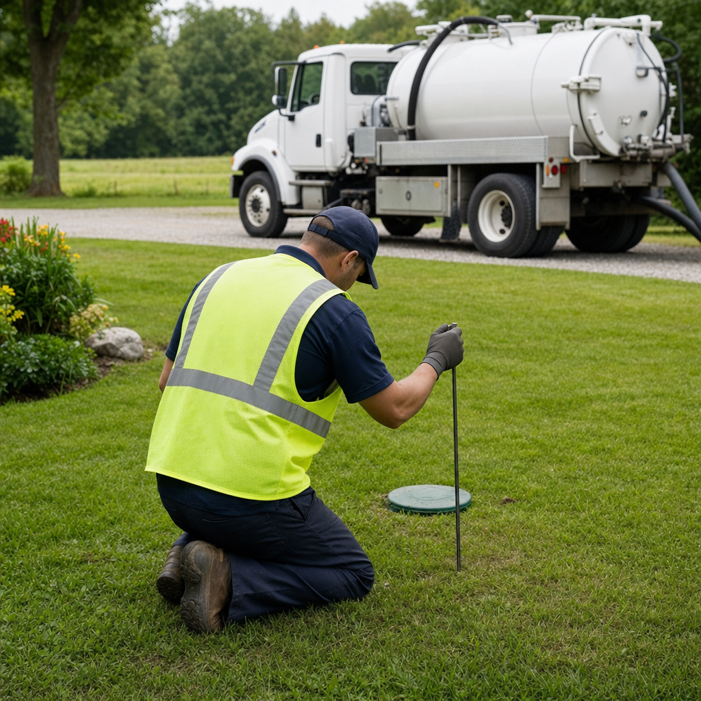Septic technician kneeling on a Canton lawn, probing to locate and measure the depth of a buried septic tank lid before pumping
