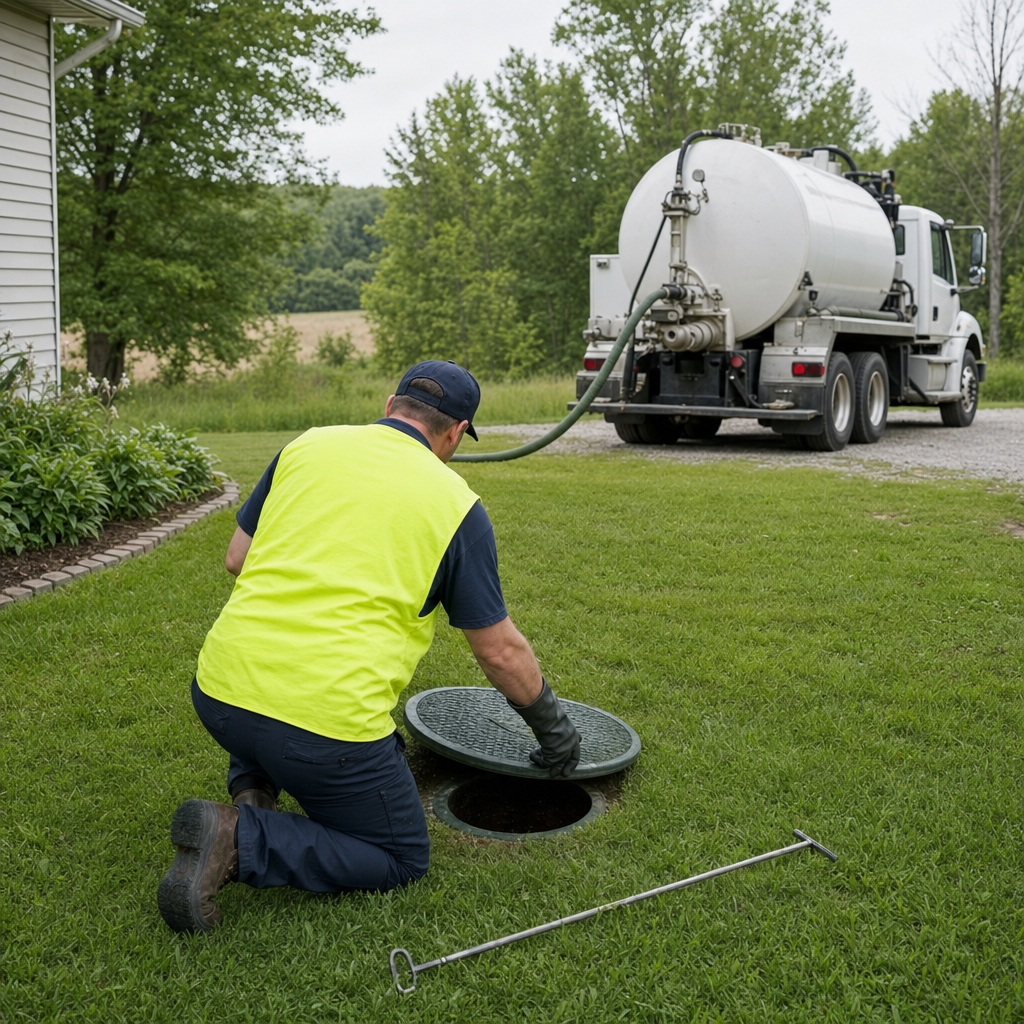 Septic technician kneeling on a Canton lawn, lifting the buried access lid on a residential septic tank