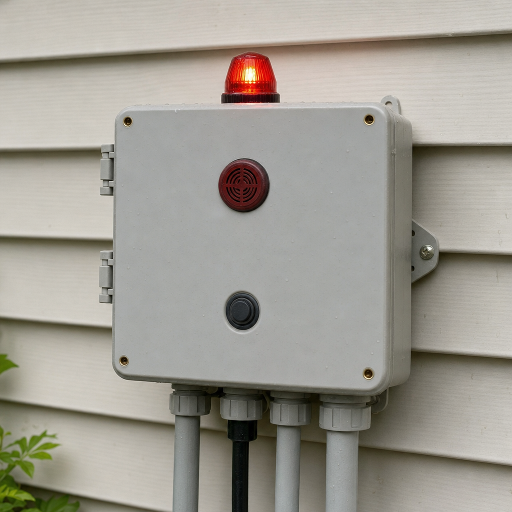 An aerobic septic system control panel mounted outside a Canton home with its red high-water alarm light lit