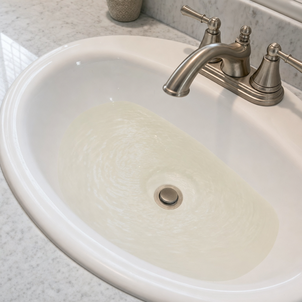 A bathroom sink draining slowly with water pooled in the basin, an early warning sign that a Canton septic tank is full